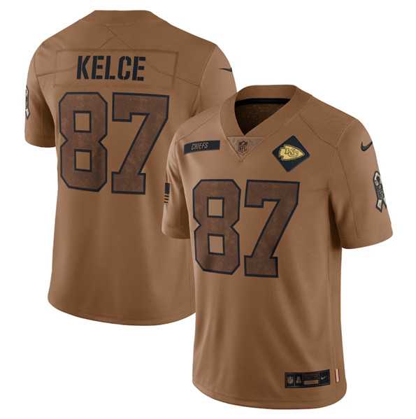 Men's Kansas City Chiefs #87 Travis Kelce 2023 Brown Salute To Service Limited Football Stitched Jersey Dyin